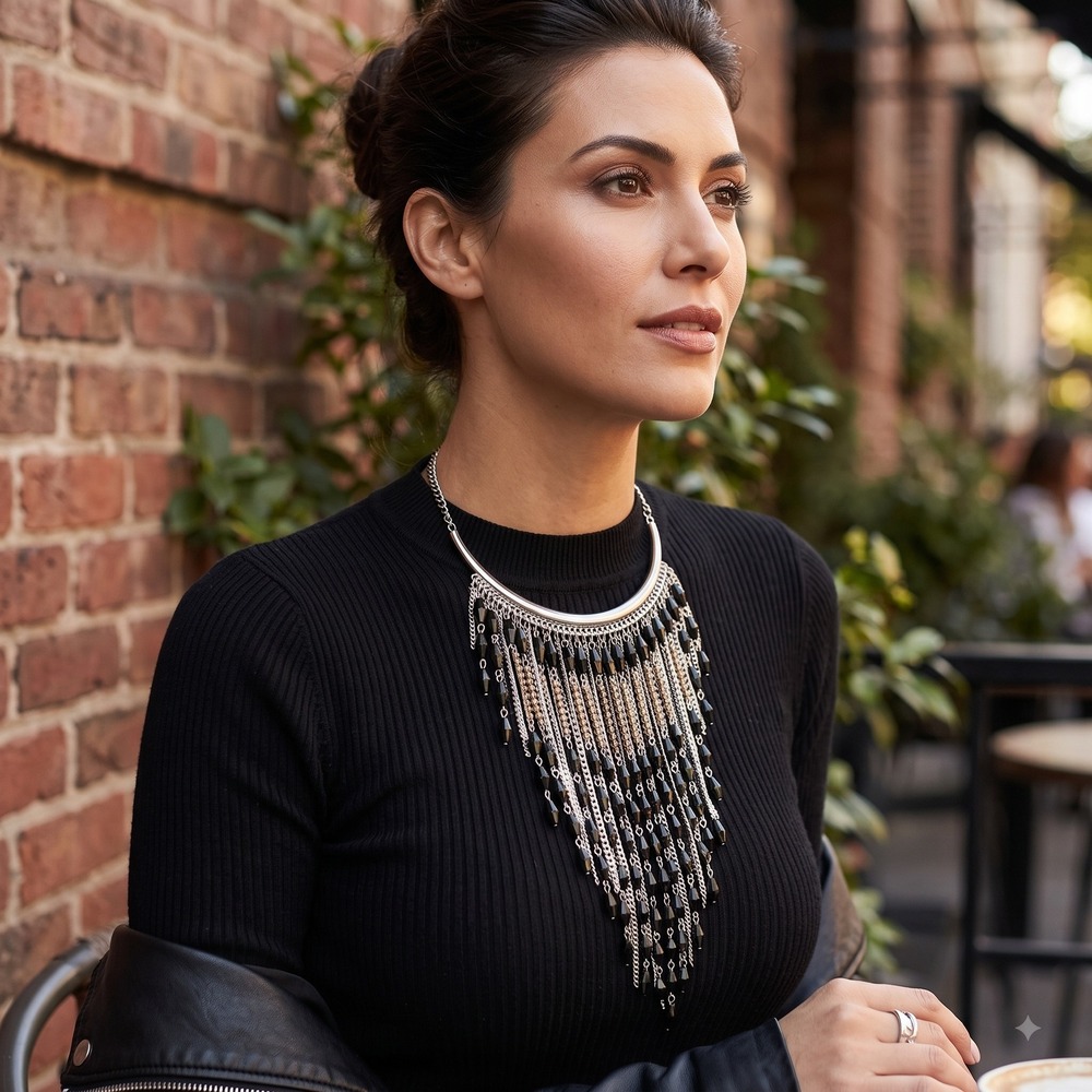 Charming Charlie Silver Black Beaded Tassel Fringe Statement Bib Collar Necklace